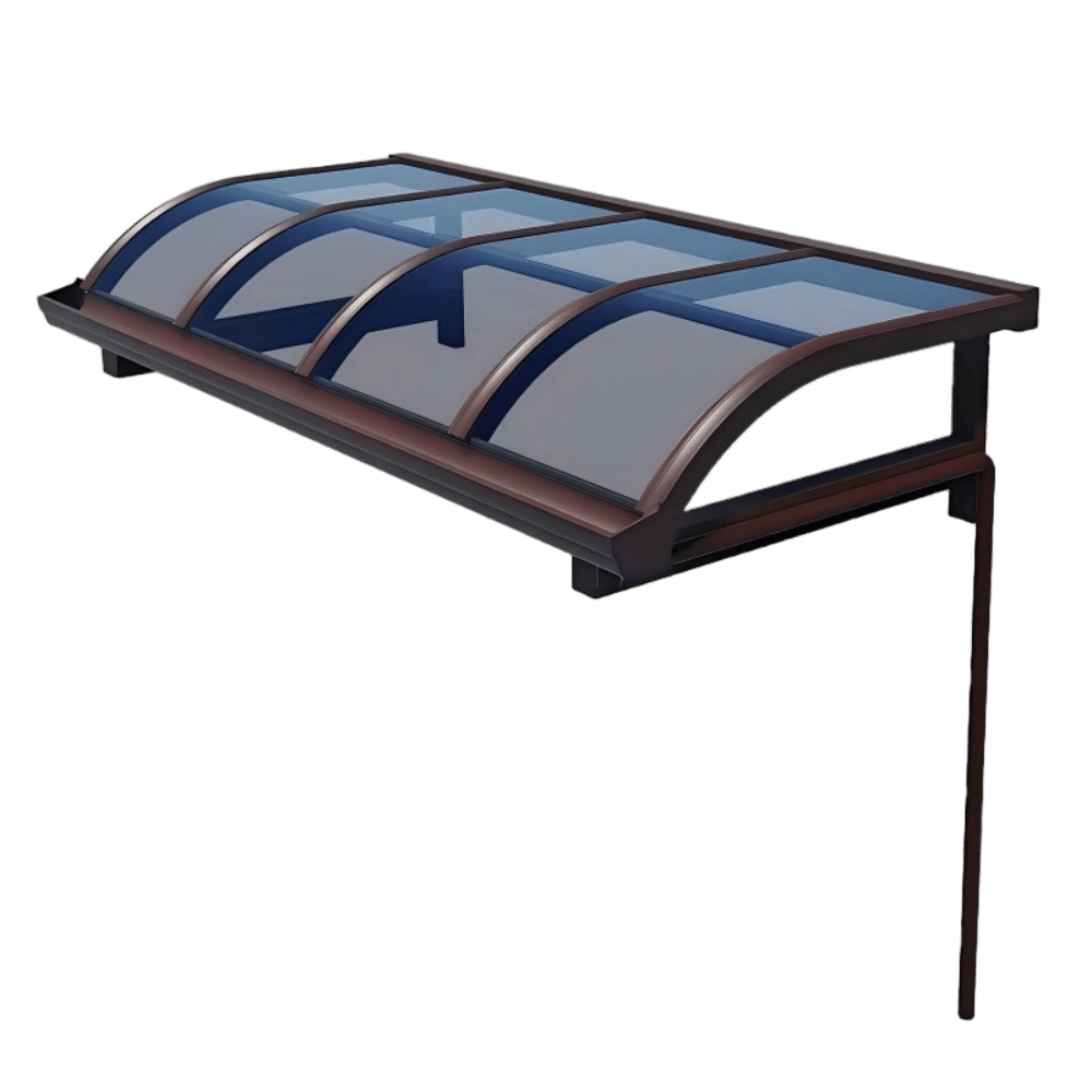 Detailed 3D structural render of a curved aluminum patio cover, showcasing the aerodynamic roof frame, high-impact polycarbonate panels, and integrated hidden gutter system for precision outdoor engineering.