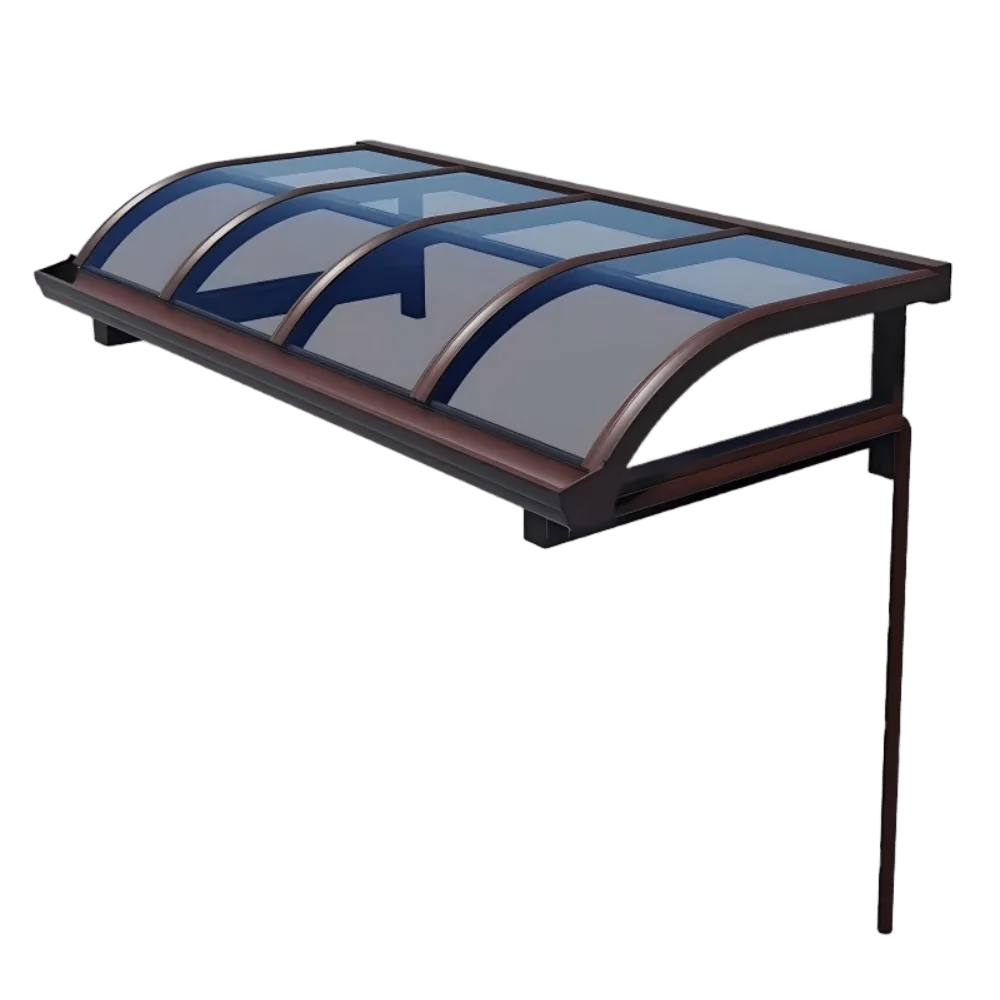 Detailed 3D structural render of a curved aluminum patio cover, showcasing the aerodynamic roof frame, high-impact polycarbonate panels, and integrated hidden gutter system for precision outdoor engineering.