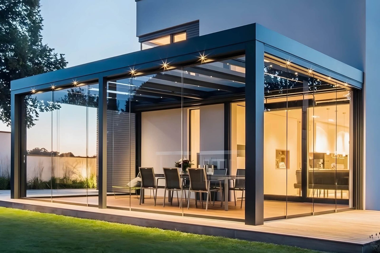 Dark grey aluminum bioclimatic pergola with a closed louvered roof covered in snow, demonstrating the structure's high snow load capacity and weatherproof durability for winter applications.