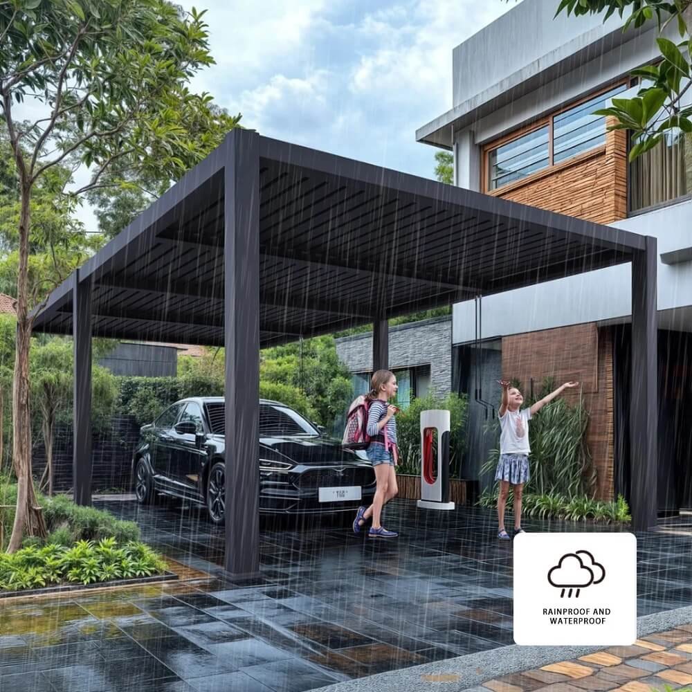 Heavy-duty aluminum carport structure undergoing rigorous rain testing, demonstrating a 100% waterproof roof system protecting a parked vehicle during heavy downpours.