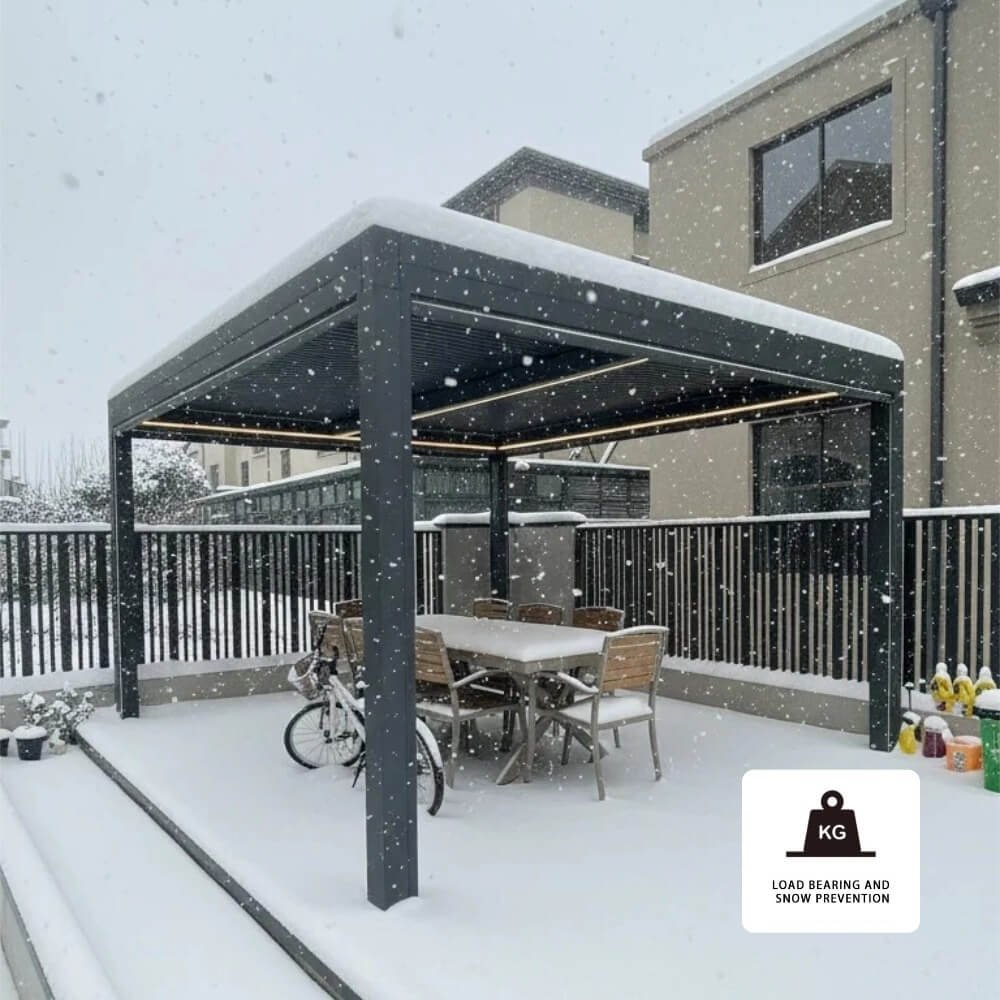 Freestanding aluminum bioclimatic pergola with integrated LED lighting supporting heavy snow accumulation, highlighting extreme structural load-bearing capacity for winter climates.
