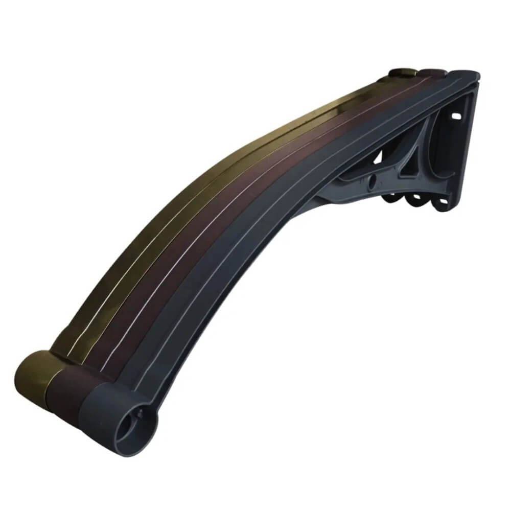 Stack of heavy-duty awning support brackets in multiple custom powder-coated colors, including black, bronze, and grey for architectural matching.