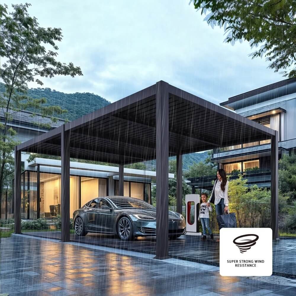 Durable aluminum carport with thick structural pillars demonstrating high wind resistance and structural stability during severe stormy weather conditions.