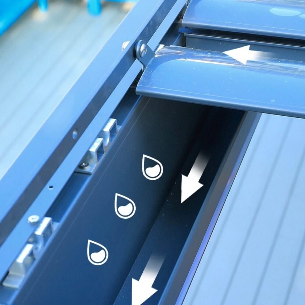 Detailed cross-section view of the internal hidden gutter drainage system within the aluminum pergola frame, illustrating effective waterproof rain diversion.