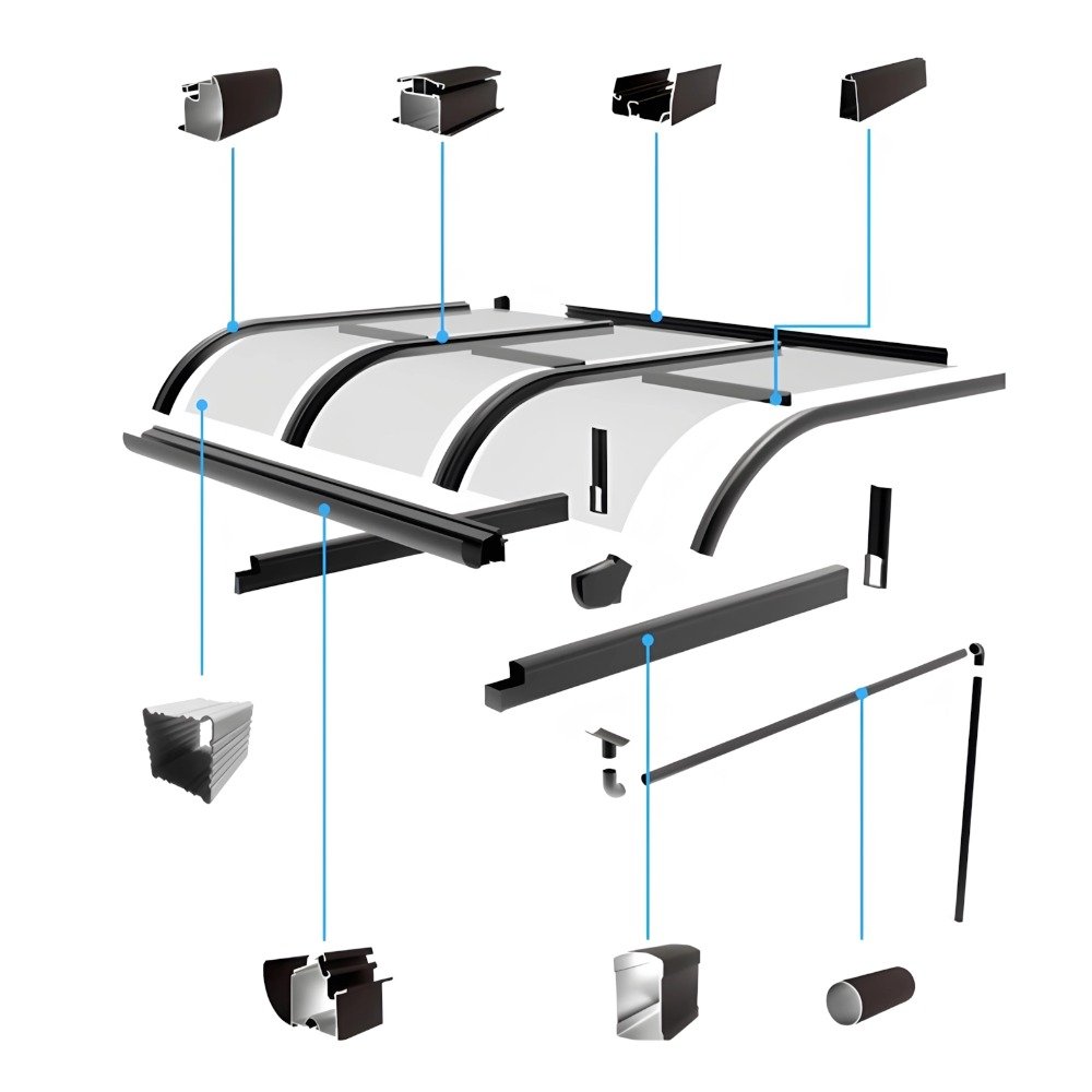 A long, continuous wall-mounted aluminum cantilever carport extension system installed along a building facade, demonstrating the seamless modular connection of multiple units for large-scale outdoor terrace shelter.