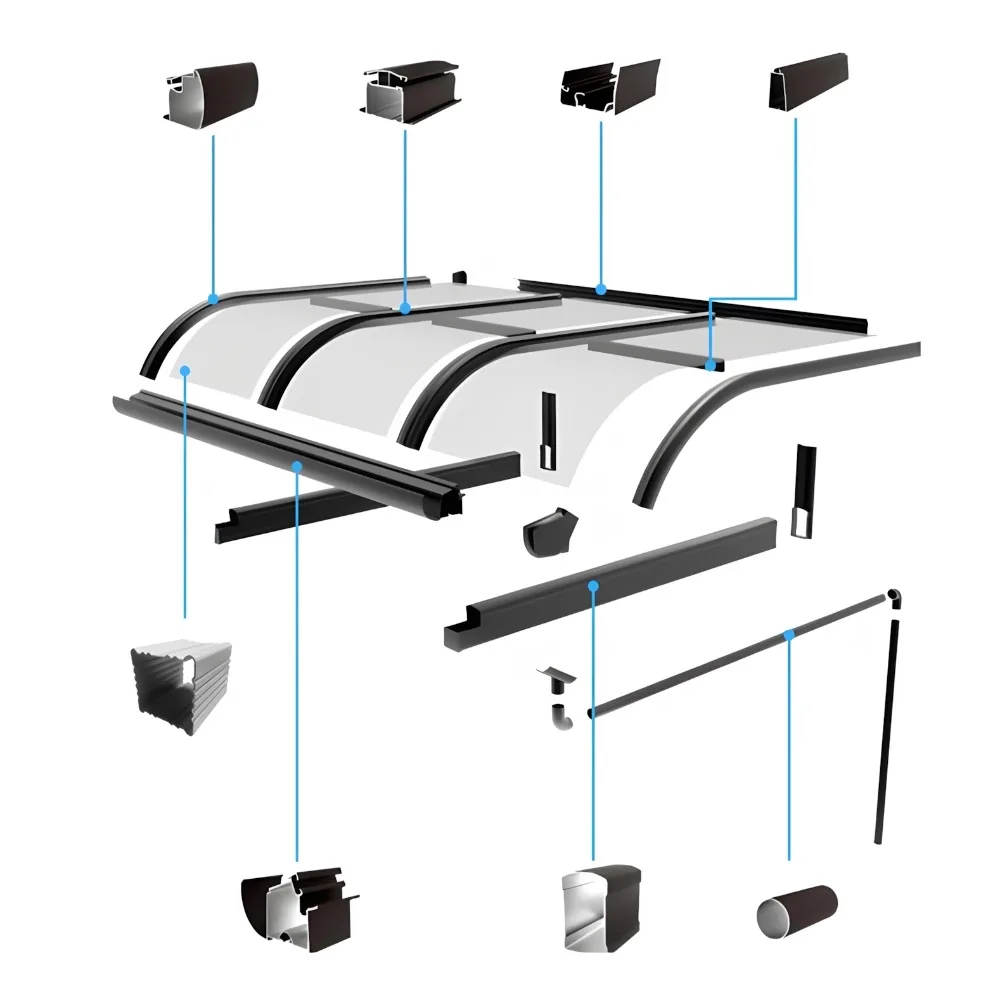 A long, continuous wall-mounted aluminum cantilever carport extension system installed along a building facade, demonstrating the seamless modular connection of multiple units for large-scale outdoor terrace shelter.