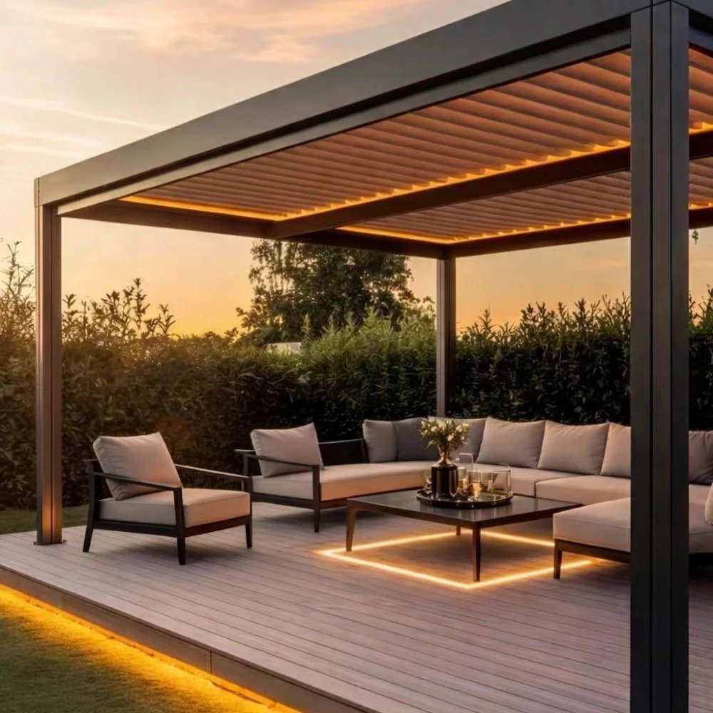 Luxury motorized aluminum louvered pergola featuring integrated warm LED lighting, illuminating a modern wooden deck and outdoor seating area at dusk.