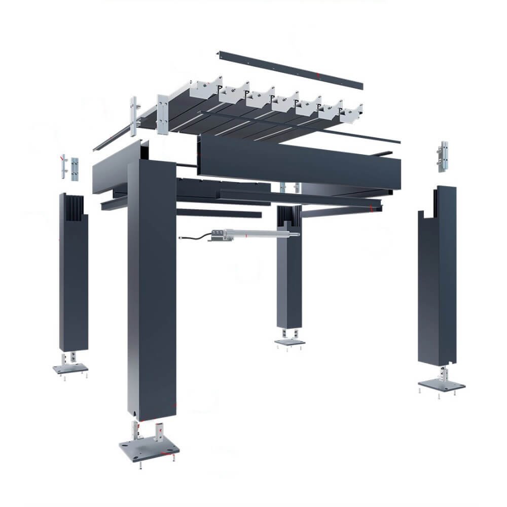 Detailed 3D exploded CAD view of an aluminum bioclimatic pergola, showcasing internal structural components, motor assembly, and precision engineering for custom OEM/ODM manufacturing.