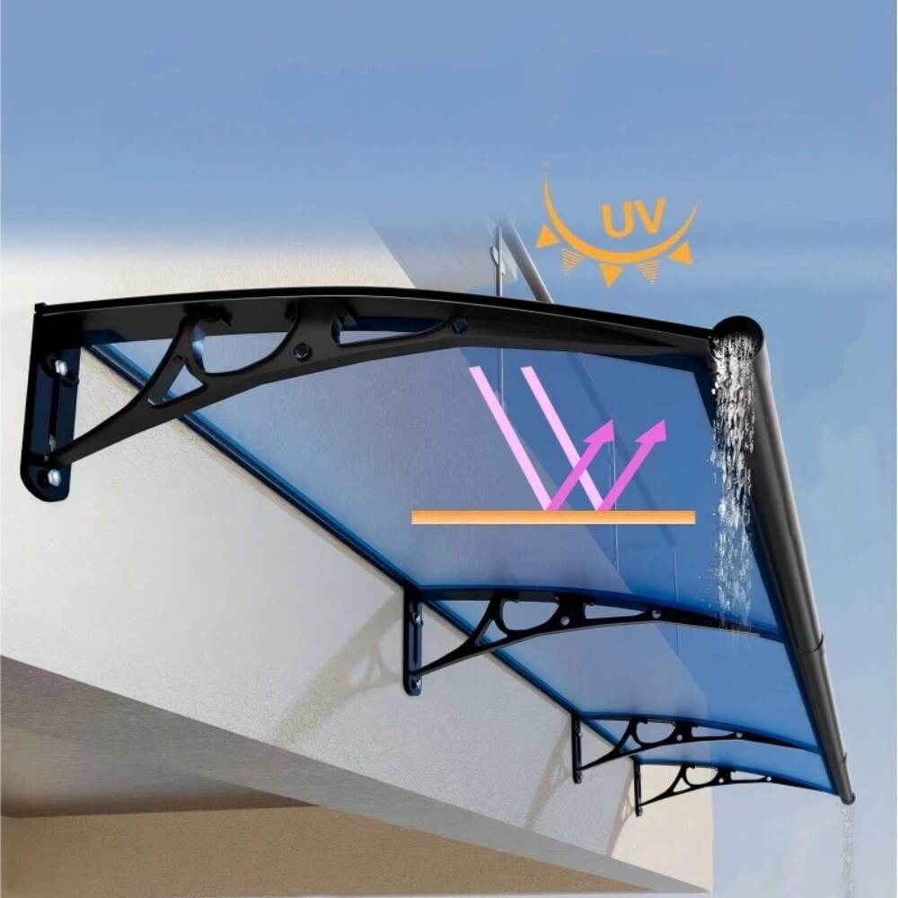 Blue polycarbonate door awning demonstrating UV ray resistance and an integrated front rain gutter system efficiently channeling water away from the entrance.
