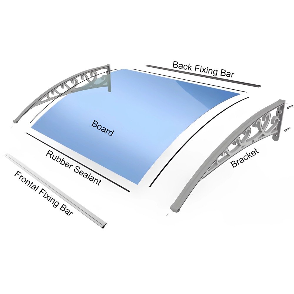 Detailed 3D exploded diagram of a polycarbonate door canopy, showcasing individual structural components like aluminum brackets, fixing bars, and rubber sealant for custom OEM manufacturing.