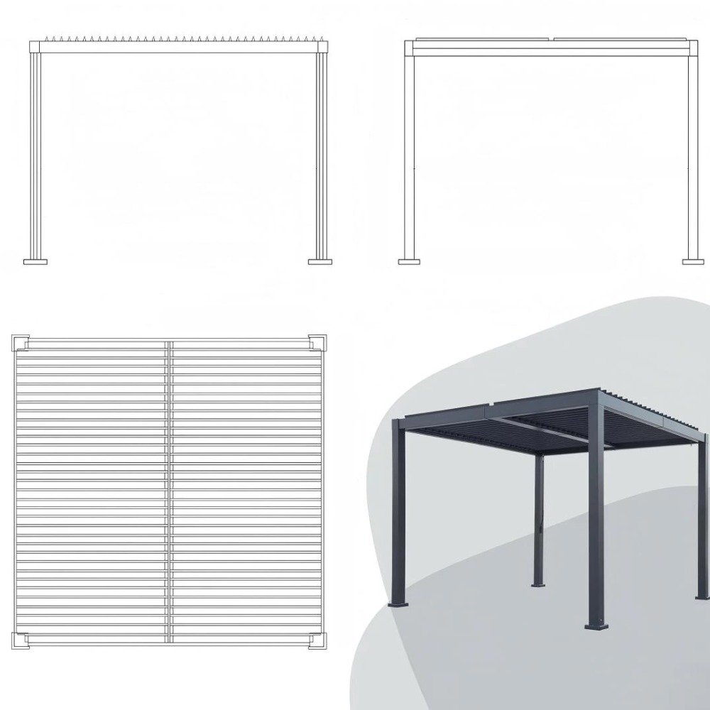 A large stack of precision CNC machined black aluminum louver components for bioclimatic pergolas, stored on a factory floor within a vertically integrated manufacturing hub, showcasing quality finish.