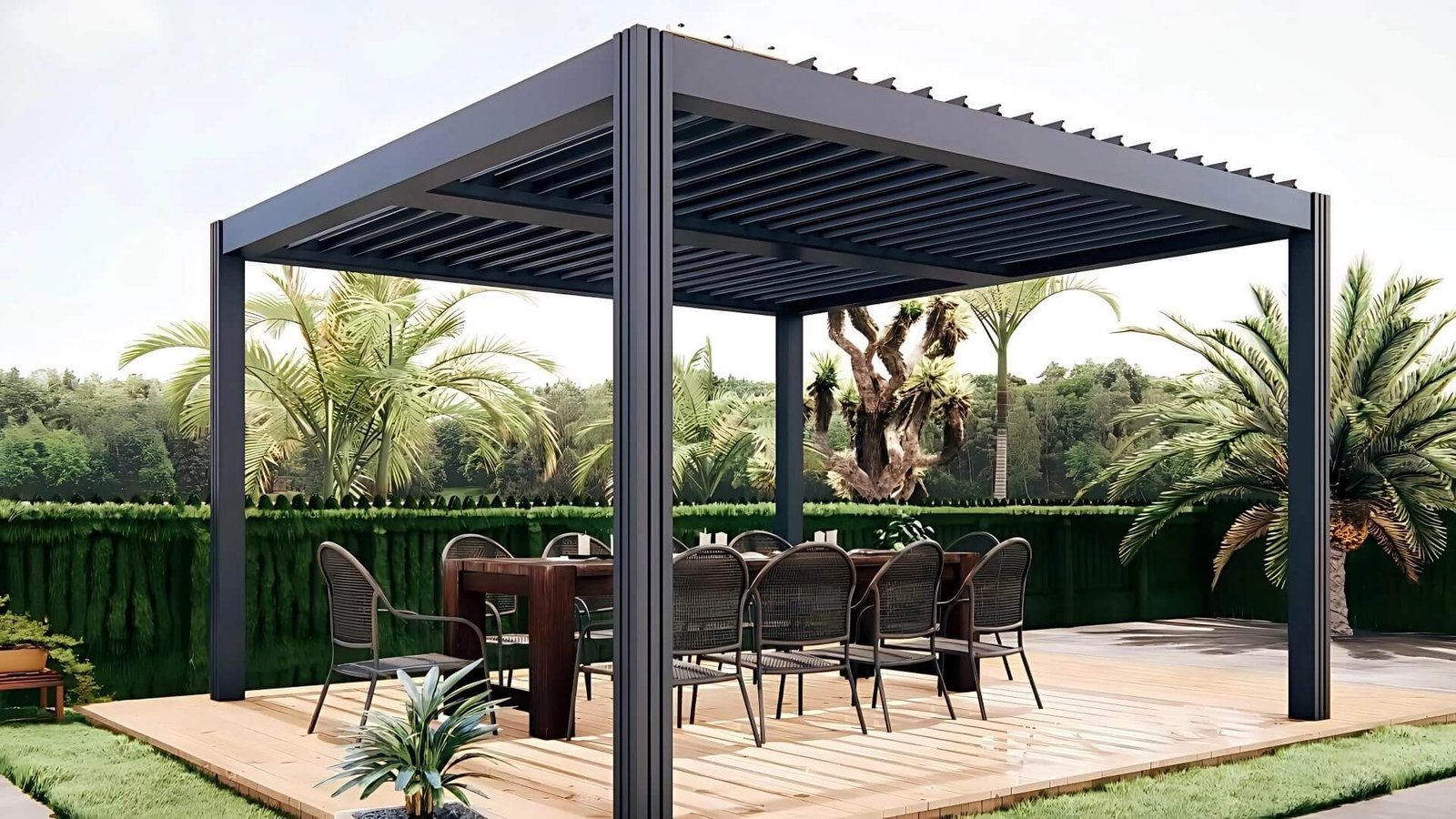Premium dark grey freestanding aluminum bioclimatic pergola installed in a tropical garden setting, representing the high-end outdoor structures available for global OEM and wholesale partnership.