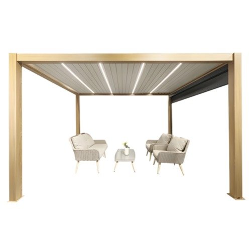 Integrated dimmable linear LED lighting system seamlessly installed within the roof louvers of a custom aluminum pergola.