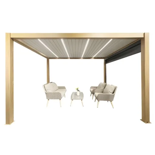 Integrated dimmable linear LED lighting system seamlessly installed within the roof louvers of a custom aluminum pergola.