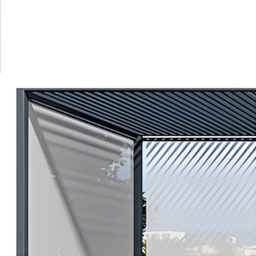 Close-up structural view of a motorized windproof zip screen and side blind track system on a heavy-duty outdoor pavilion.