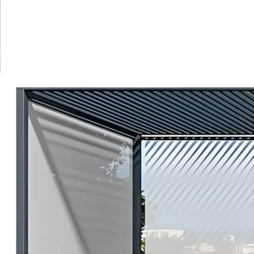 Close-up structural view of a motorized windproof zip screen and side blind track system on a heavy-duty outdoor pavilion.