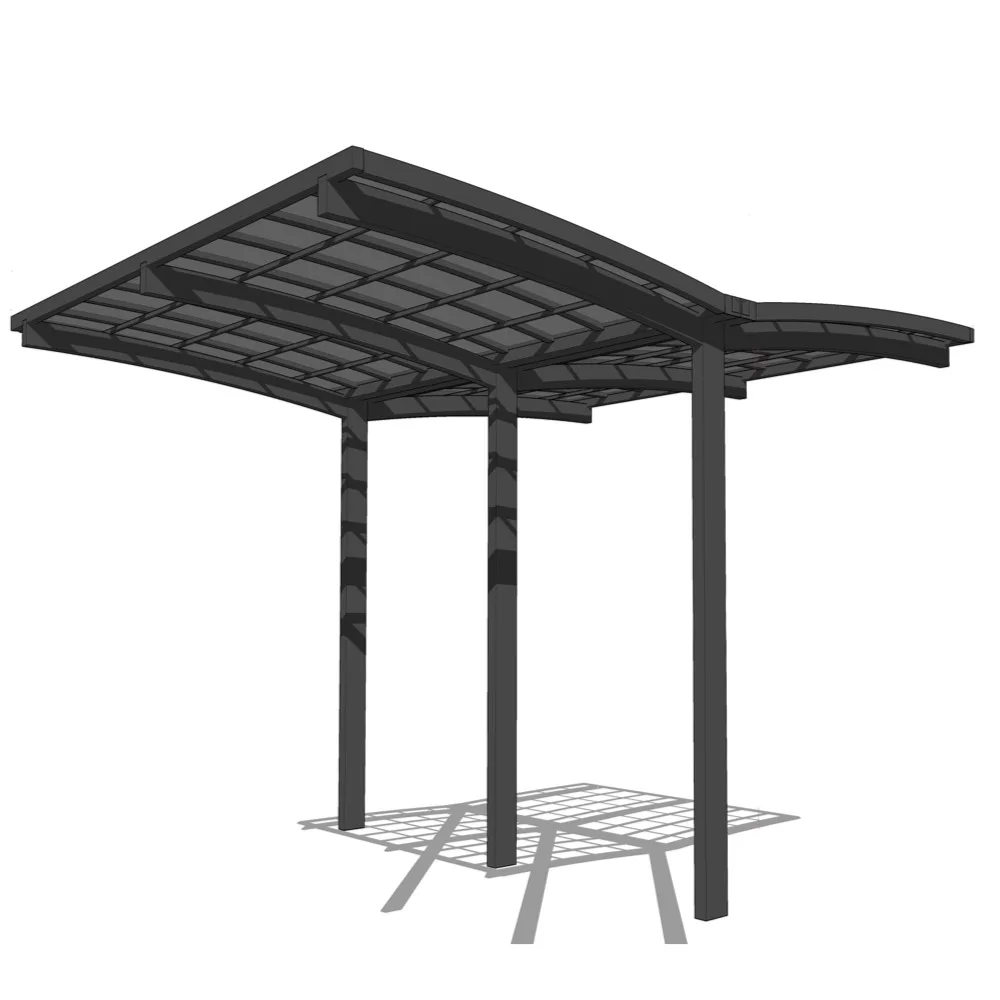 A detailed engineering render of an arched heavy-duty aluminum carport structure, illustrating the main support pillars, curved roof panels, and the integrated internal drainage system with آبی arrows indicating water flow.