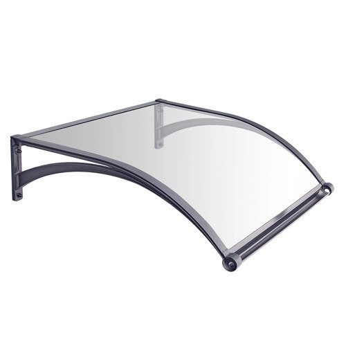 A classic arched aluminum door canopy isolated on a white background, highlighting the curved aluminum fixing strips and clear shatterproof polycarbonate panel.