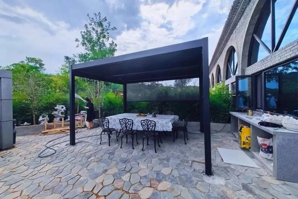 commercial grade aluminum patio cover providing adjustable shade for a hotel courtyard