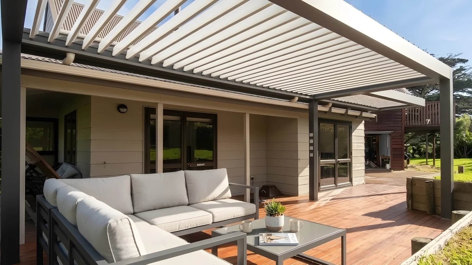 An aluminum alloy bioclimatic pergola suitable for use in outdoor gardens.
