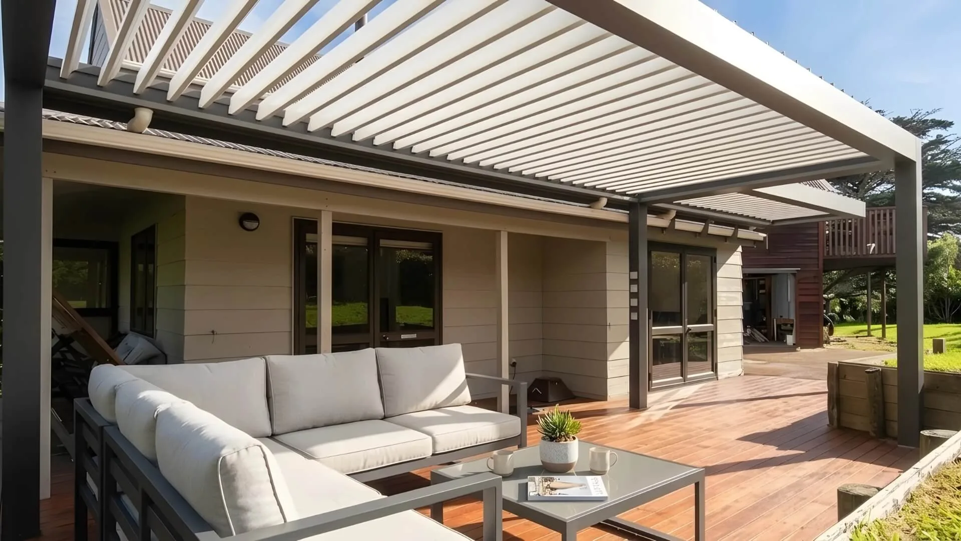 An aluminum alloy bioclimatic pergola suitable for use in outdoor gardens.