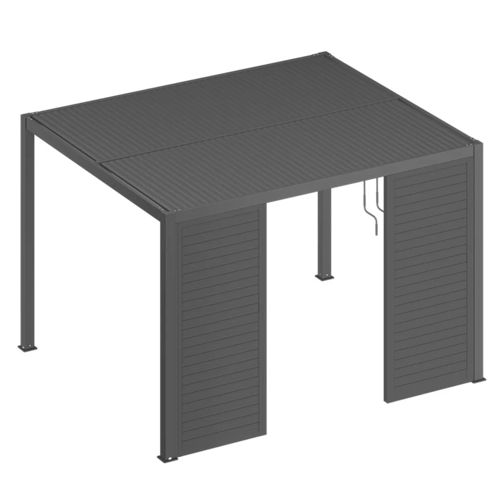 Structural 3D rendering of a modular manual louvered pergola featuring a waterproof closed roof, mechanical hand-crank system, and integrated aluminum privacy screens.