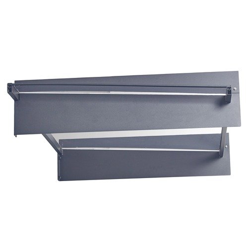 A top-down view of a heavy-duty door canopy structure, displaying the thick, tailored metal support brackets designed for extreme weather and heavy snow load resistance.