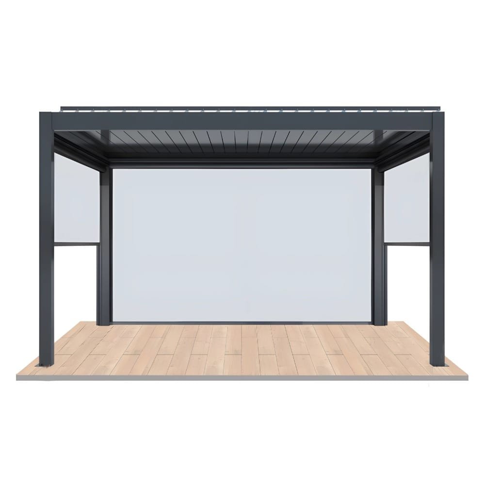 Structural 3D rendering of a heavy-duty dark grey motorized aluminum pergola, showcasing the thick standing poles, closed louvered roof, and integrated windproof zip screens.