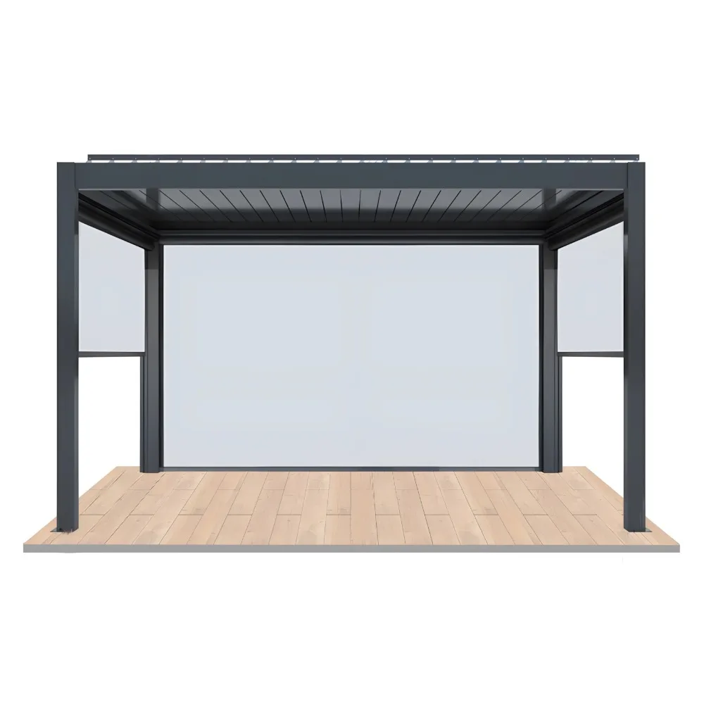 Structural 3D rendering of a heavy-duty dark grey motorized aluminum pergola, showcasing the thick standing poles, closed louvered roof, and integrated windproof zip screens.