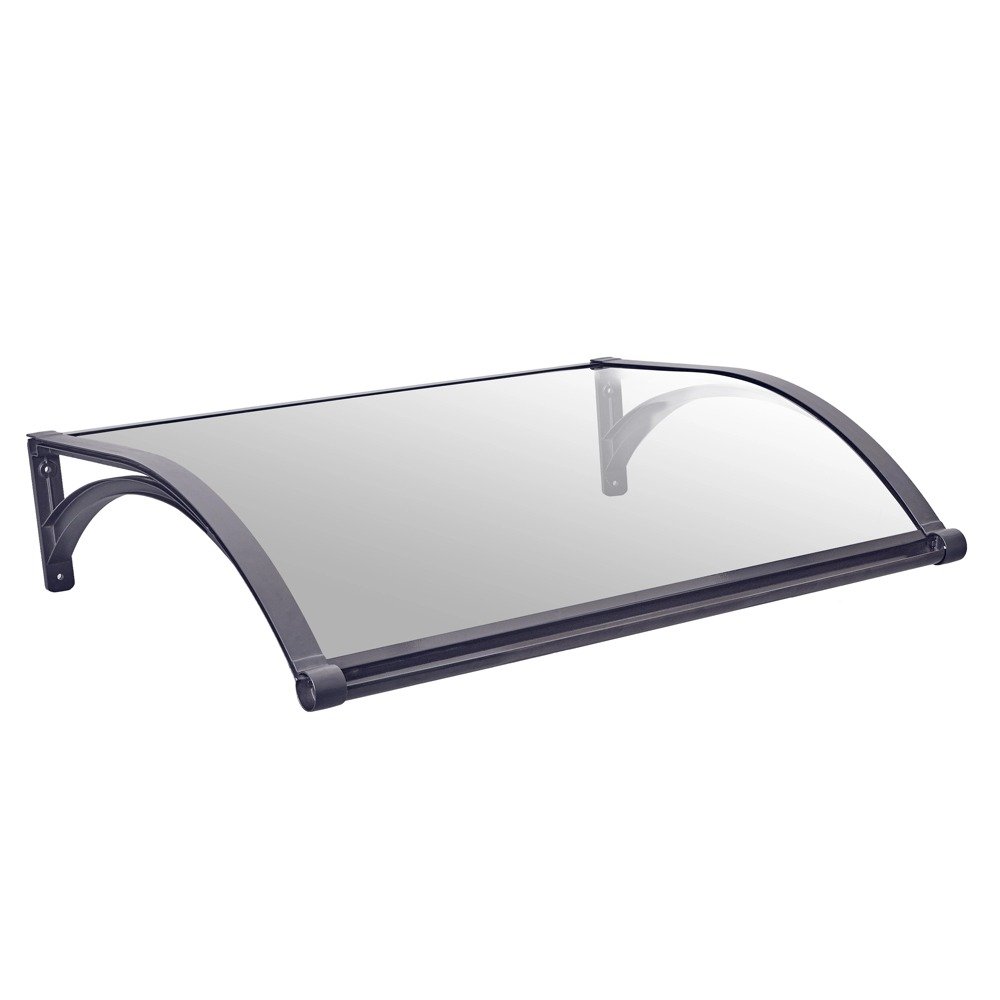 A detailed studio view of a heavy-duty arched window awning, showcasing the reinforced aluminum brackets, front fixing strips, and the imported shatterproof polycarbonate panel.