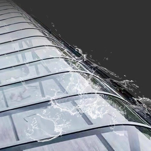 A cross-section diagram of the front edge gutter of the aluminum patio cover, demonstrating the low-maintenance streamlined design and clean architectural connection.