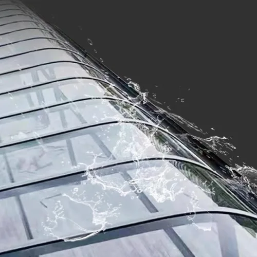 A cross-section diagram of the front edge gutter of the aluminum patio cover, demonstrating the low-maintenance streamlined design and clean architectural connection.