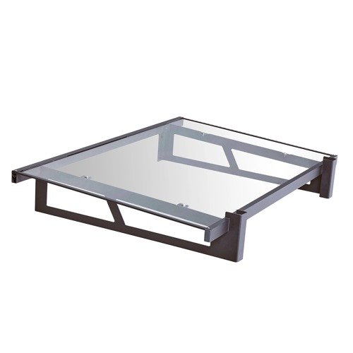 A modern slant roof window awning featuring a robust 4-sided aluminum frame and a straight-line design for contemporary architectural facades.