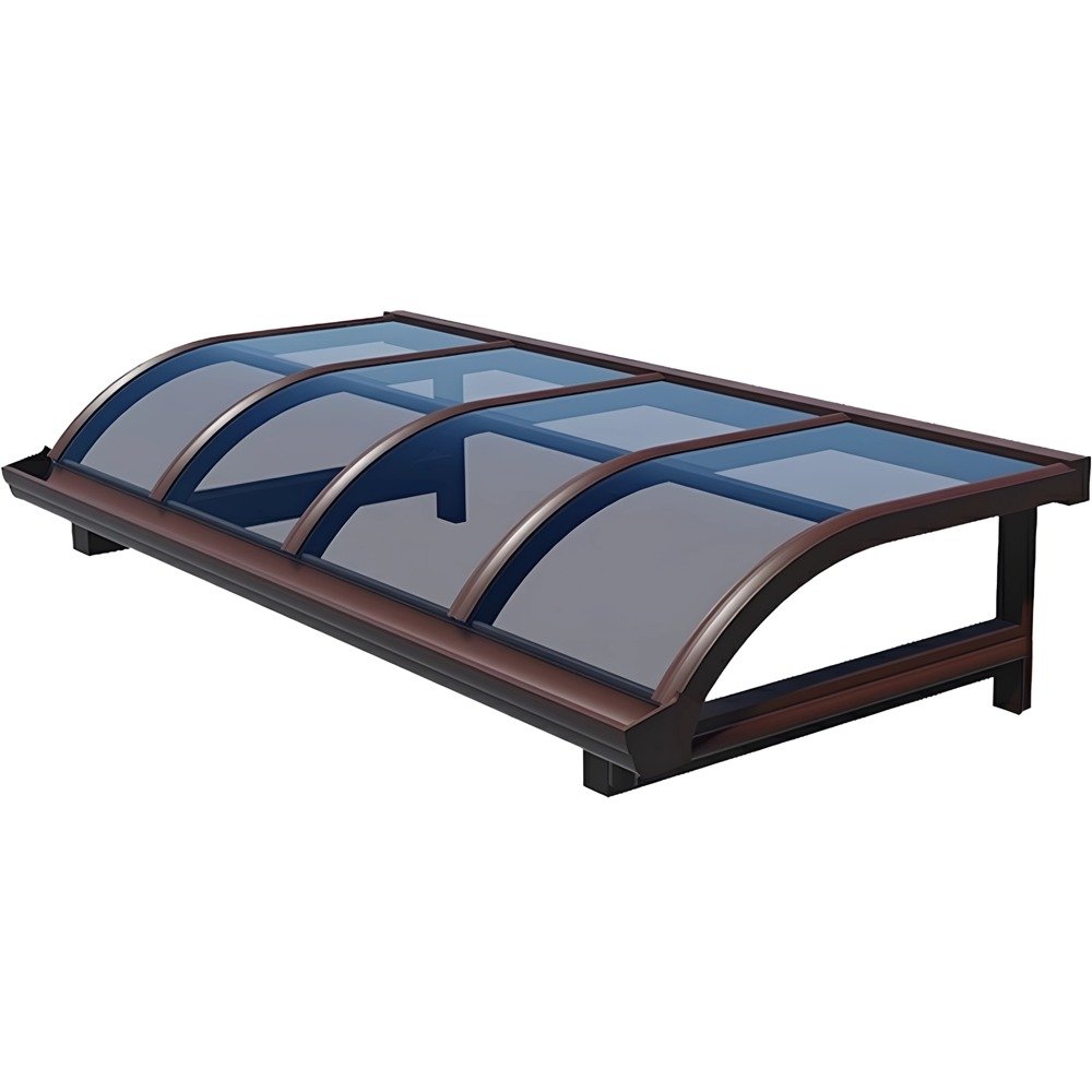 A detailed structural anatomy rendering of a curved aluminum patio cover attached to a wall, illustrating the German imported solid polycarbonate roof sheet, integrated front gutter, and concealed downspout drainage system.