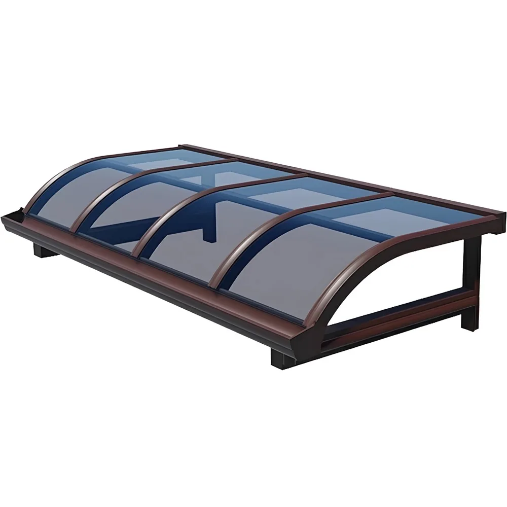 A detailed structural anatomy rendering of a curved aluminum patio cover attached to a wall, illustrating the German imported solid polycarbonate roof sheet, integrated front gutter, and concealed downspout drainage system.