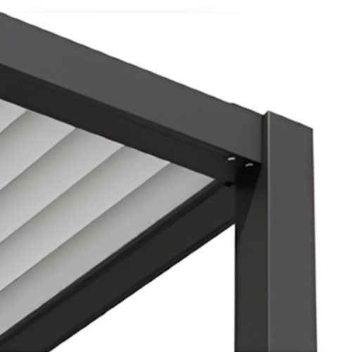 Close-up of the ultra-minimalist architectural design, showcasing the seamless 90-degree connection between the dark grey aluminum beam and standing pole with no exposed brackets.