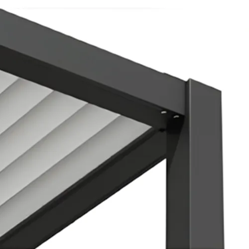 Close-up of the ultra-minimalist architectural design, showcasing the seamless 90-degree connection between the dark grey aluminum beam and standing pole with no exposed brackets.
